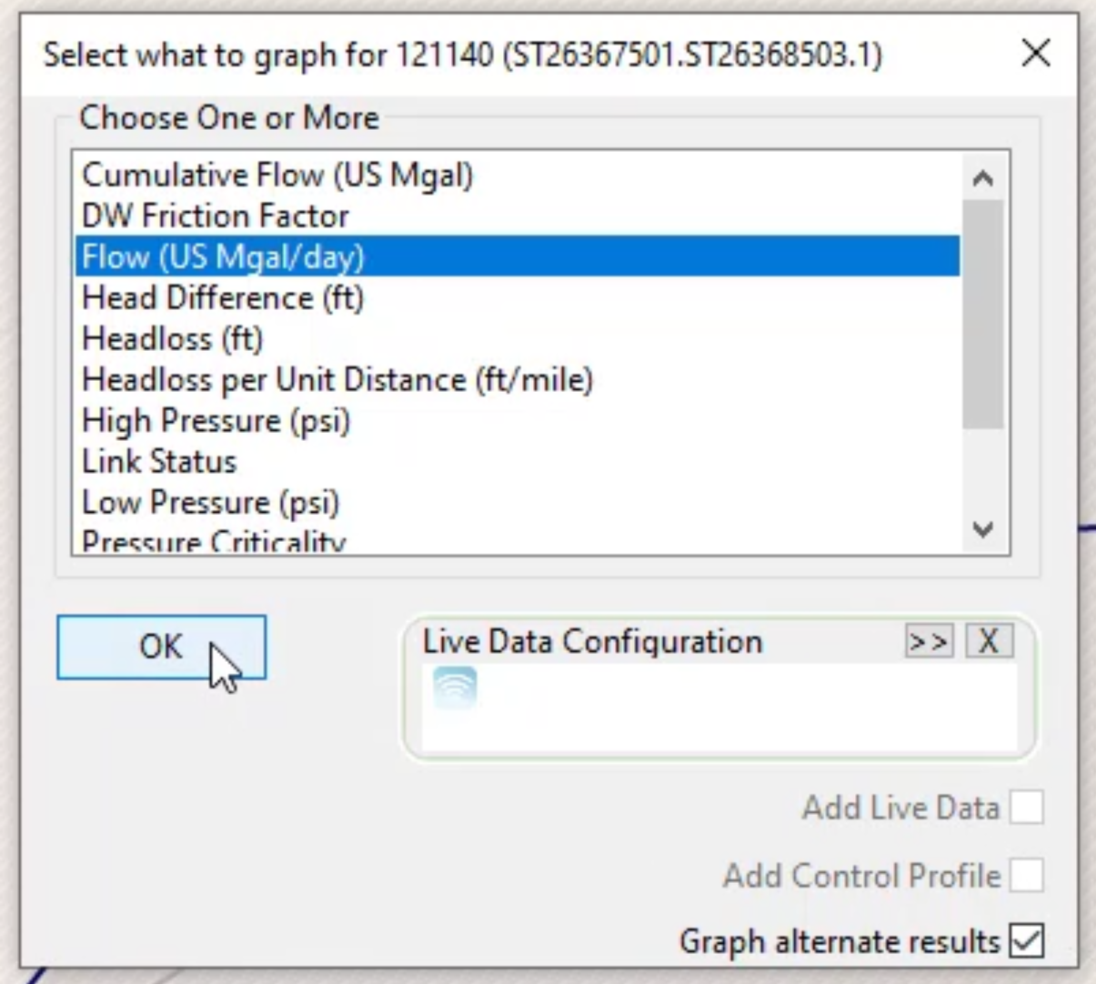 The Select what to graph dialog box with Flow (US Mgal/day) highlighted, Graph alternate results enabled, and OK selected.