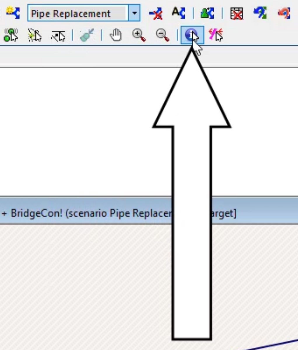 The InfoWorks WS Pro Tools toolbar, with Pipe Replacement displayed in the Select scenario drop-down and the Properties command selected and called out.