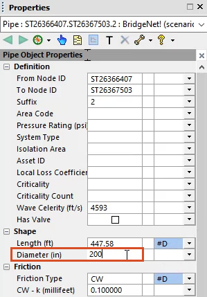 The Properties window, Shape section, with the Diameter (in) field set to “200” and highlighted in red.