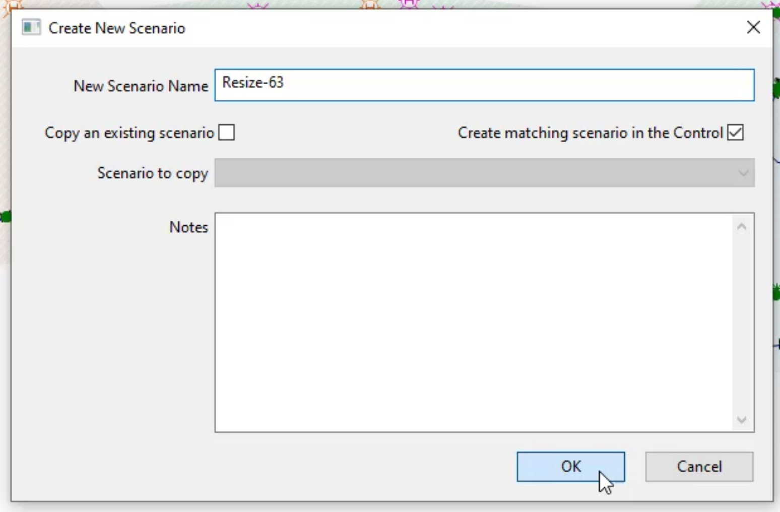 The Create New Scenario dialog box for the Resize-63 scenario with Create matching scenario in the Control enabled and OK selected.