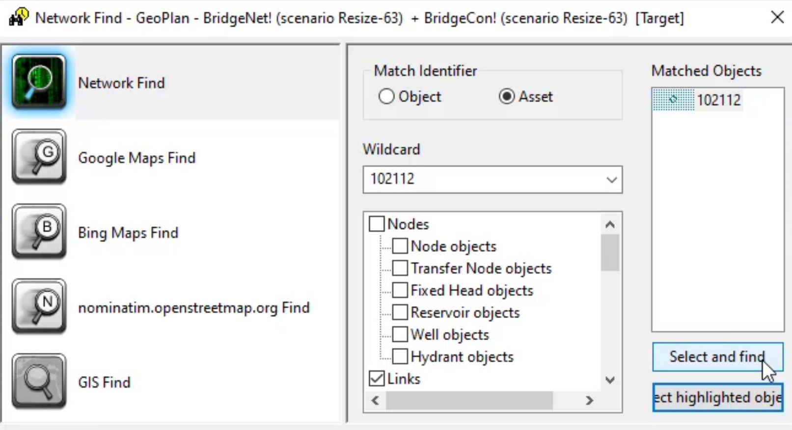 In the Network Find dialog box, Asset selected under Match Identifier and other options configured, with Select and find selected.