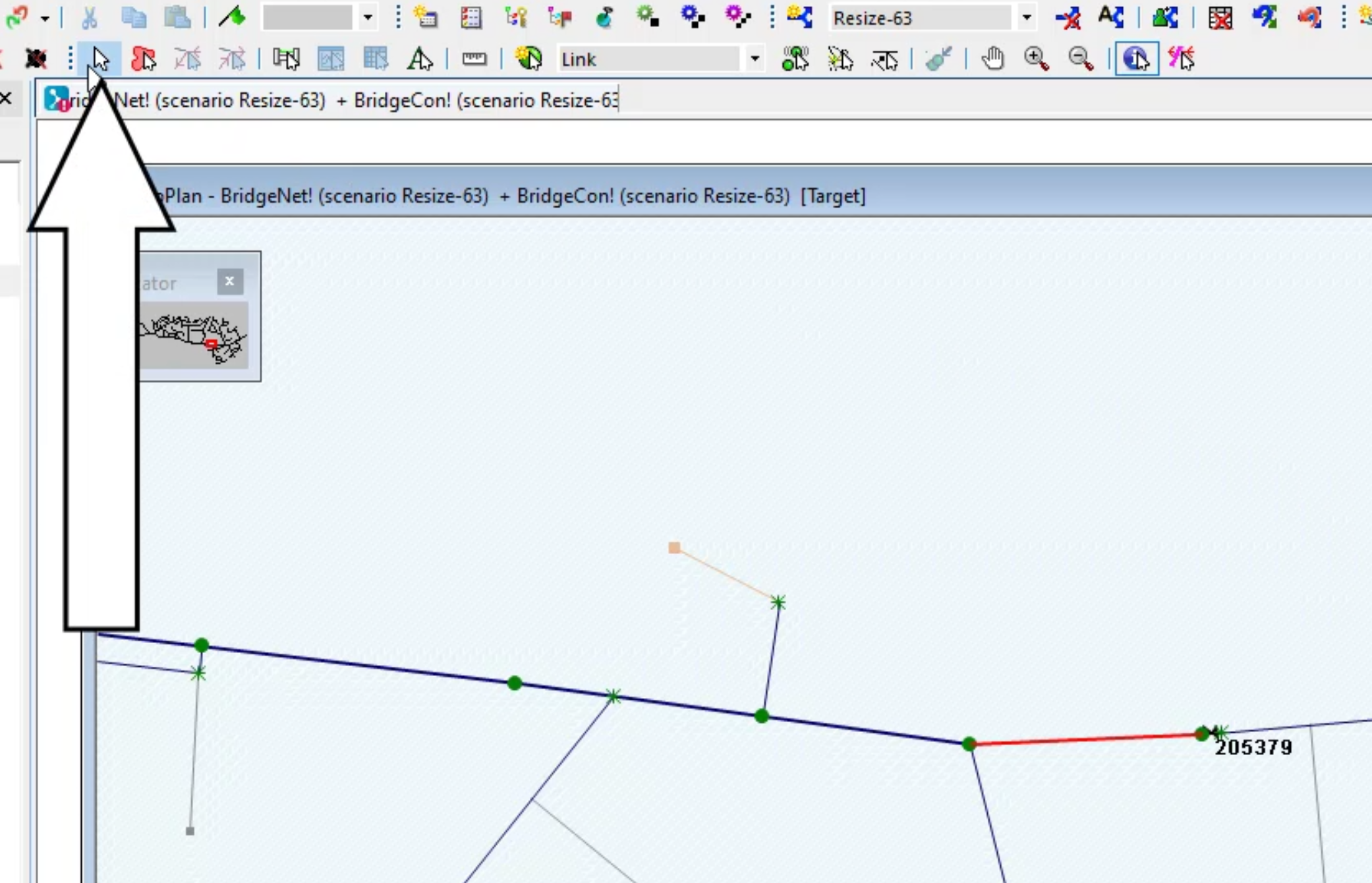 The Tools toolbar with the Select command called out and selected, and in the workspace, the GeoPlan window with the found pipe highlighted in red.