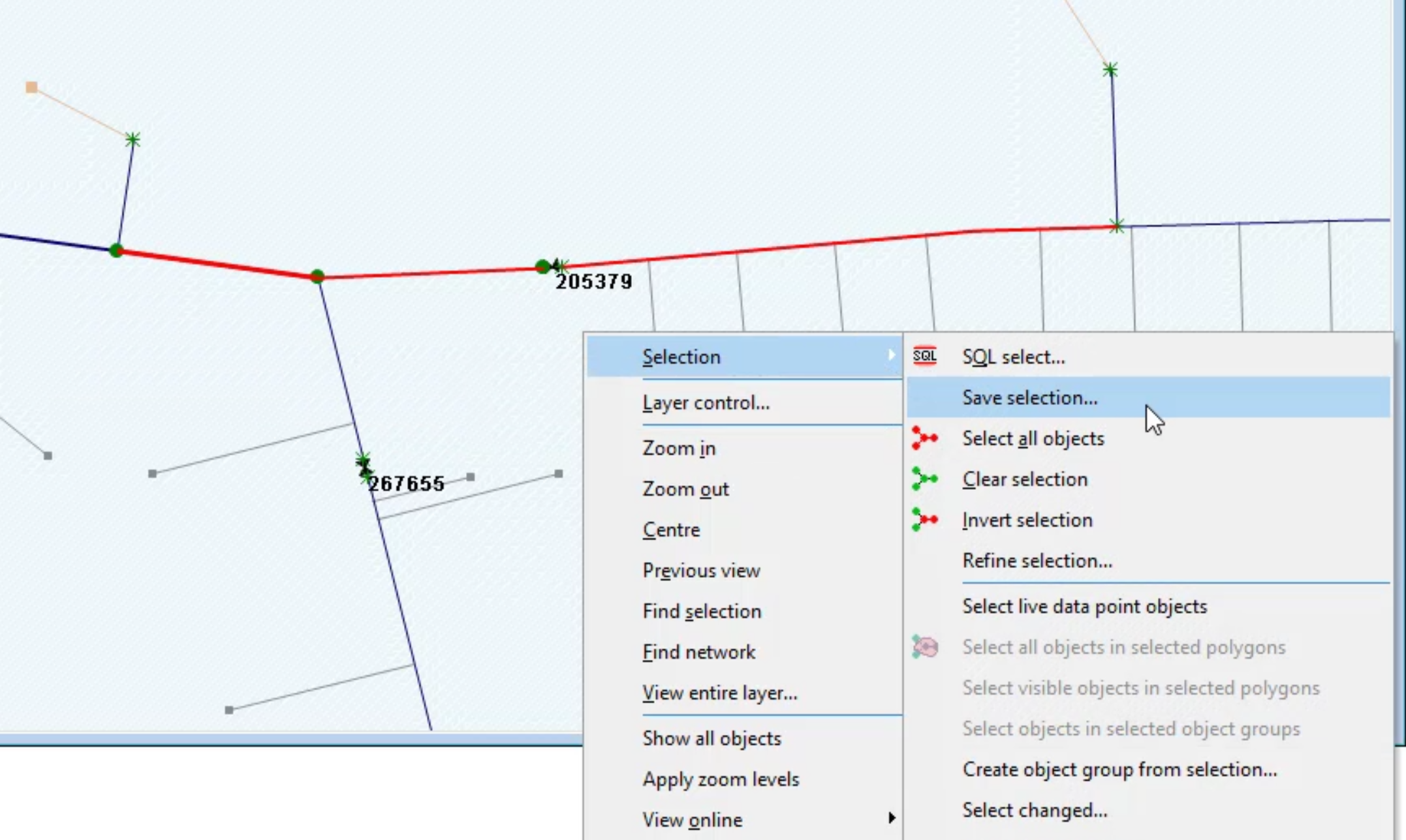 The GeoPlan with three pipes selected and highlighted in red, with the shortcut menu displayed, the Selection flyout open and Save selection selected.