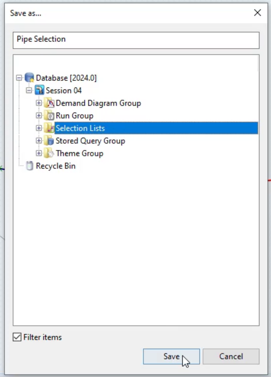 The Save as dialog box with the name “Pipe Selection” entered, Selection Lists highlighted and Save selected.