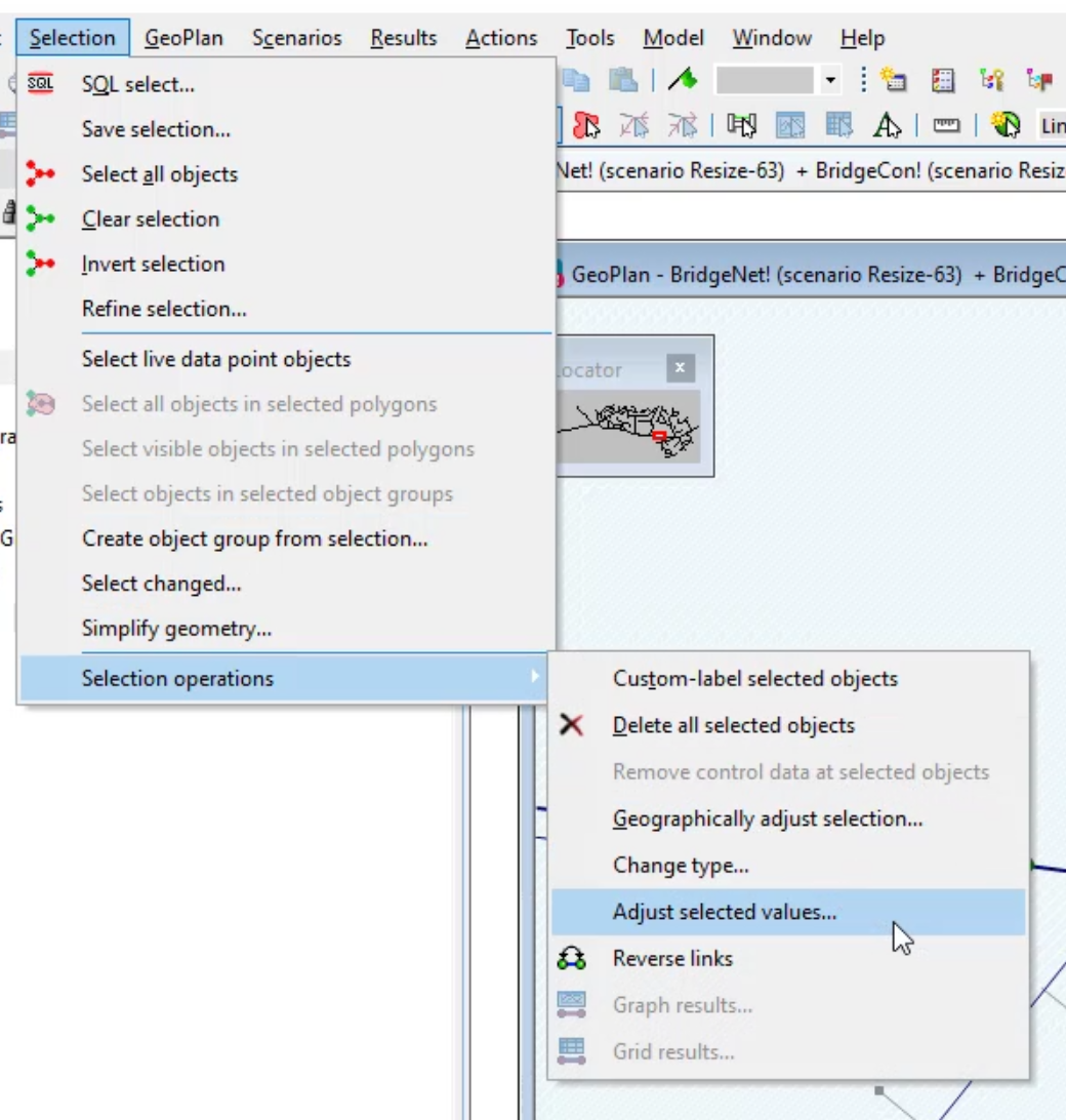 The Selection menu displayed with the Selection operations flyout open and Adjust selected values selected.