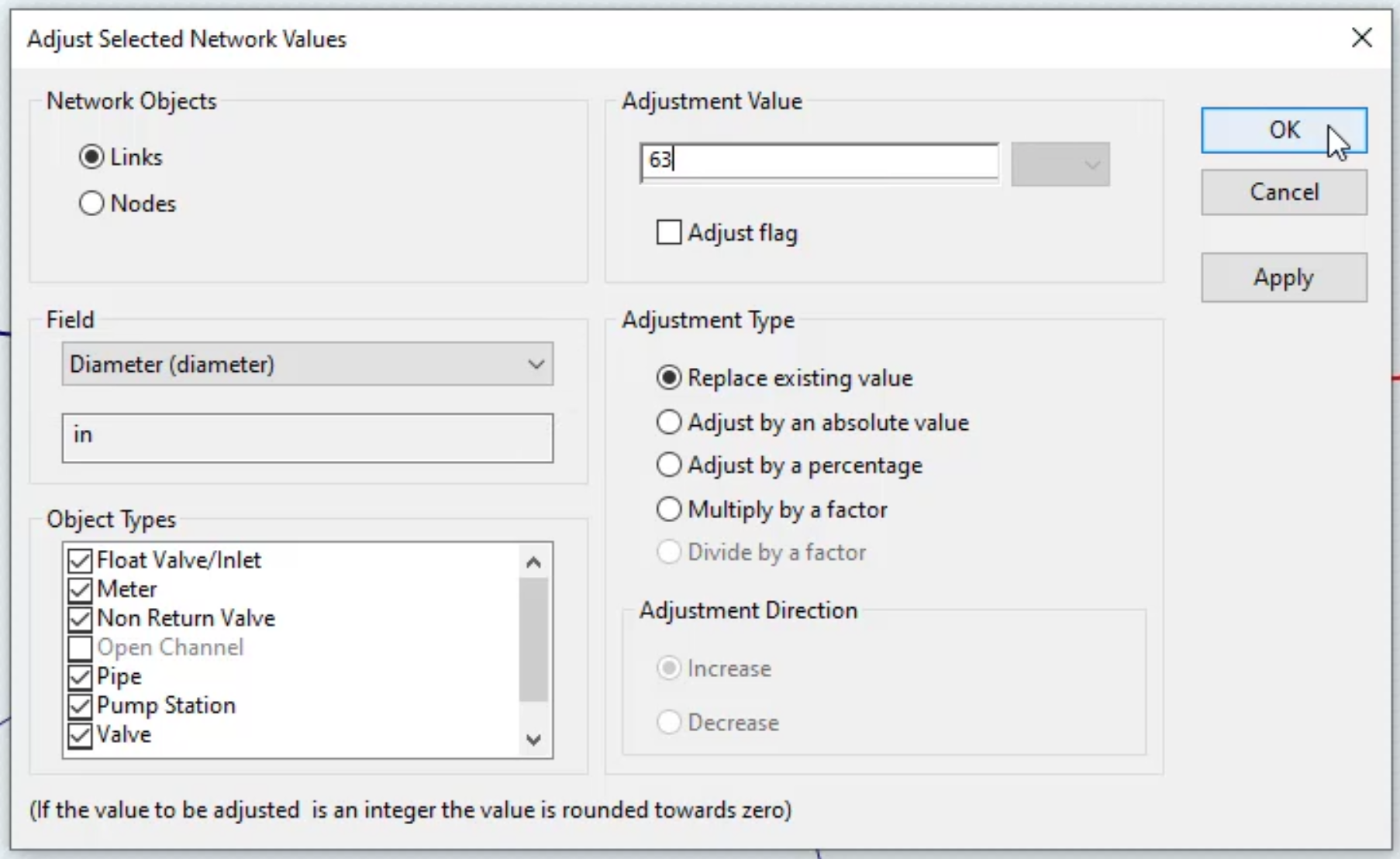 The Adjust Selected Network Values dialog box with options configured for the three pipes and OK selected.