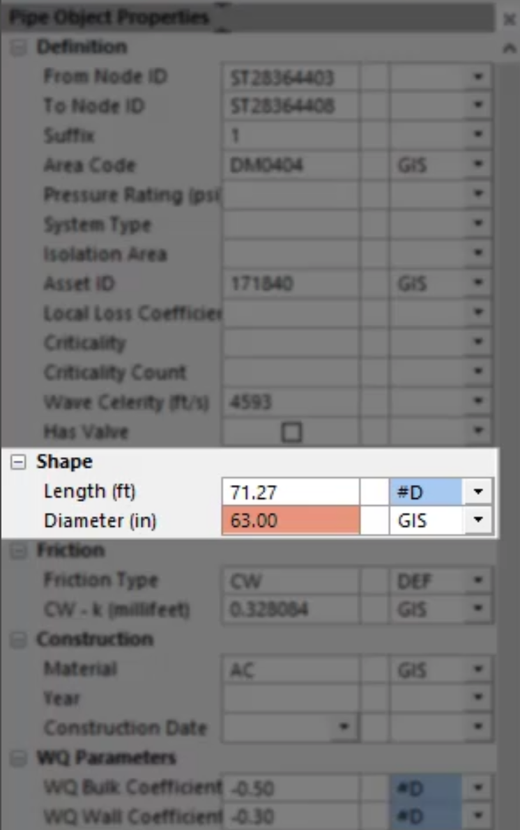 The Properties window with the Shape section highlighted and the updated Diameter (in) value of 63 highlighted in red.