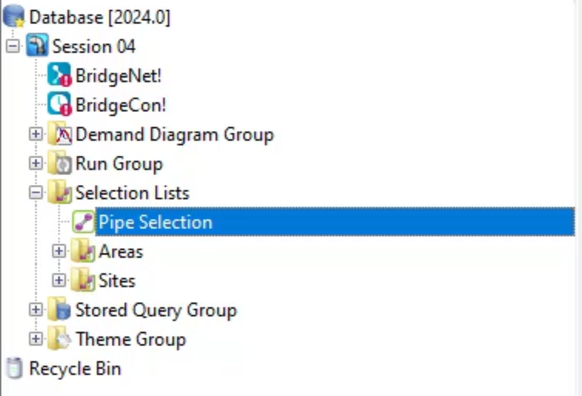 The Model Group window with Selection Lists expanded and Pipe Selection selected.