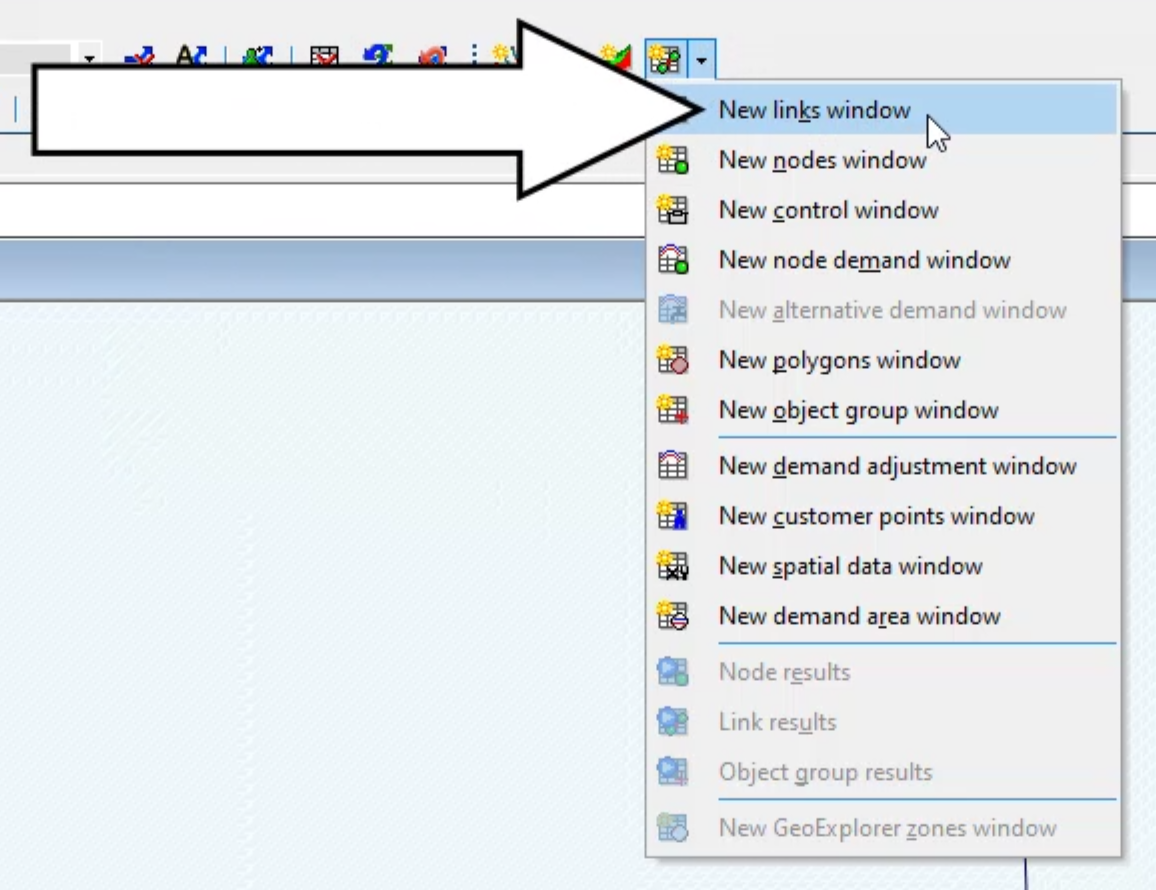 In the Windows toolbar, the Grid windows drop-down with New links window selected and called out.