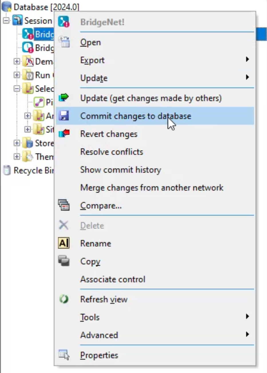 The network shortcut menu with the Commit changes to database option selected.