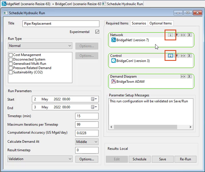 In the Schedule Hydraulic Run dialog box, the Update to latest button for both Network and Control highlighted in red.