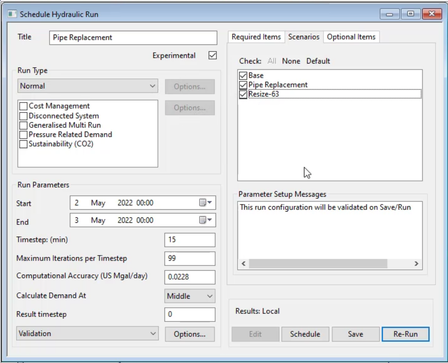 The Schedule Hydraulic Run dialog box, Scenarios tab, with options configured and Re-Run selected.