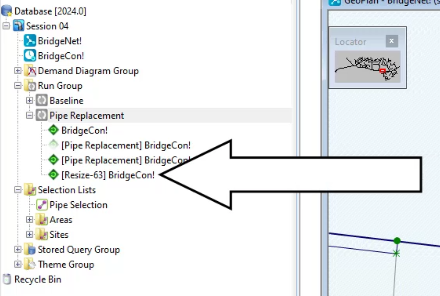 In the Model Group window, the Pipe Replacement run group expanded with the Resize-63 scenario included and called out.