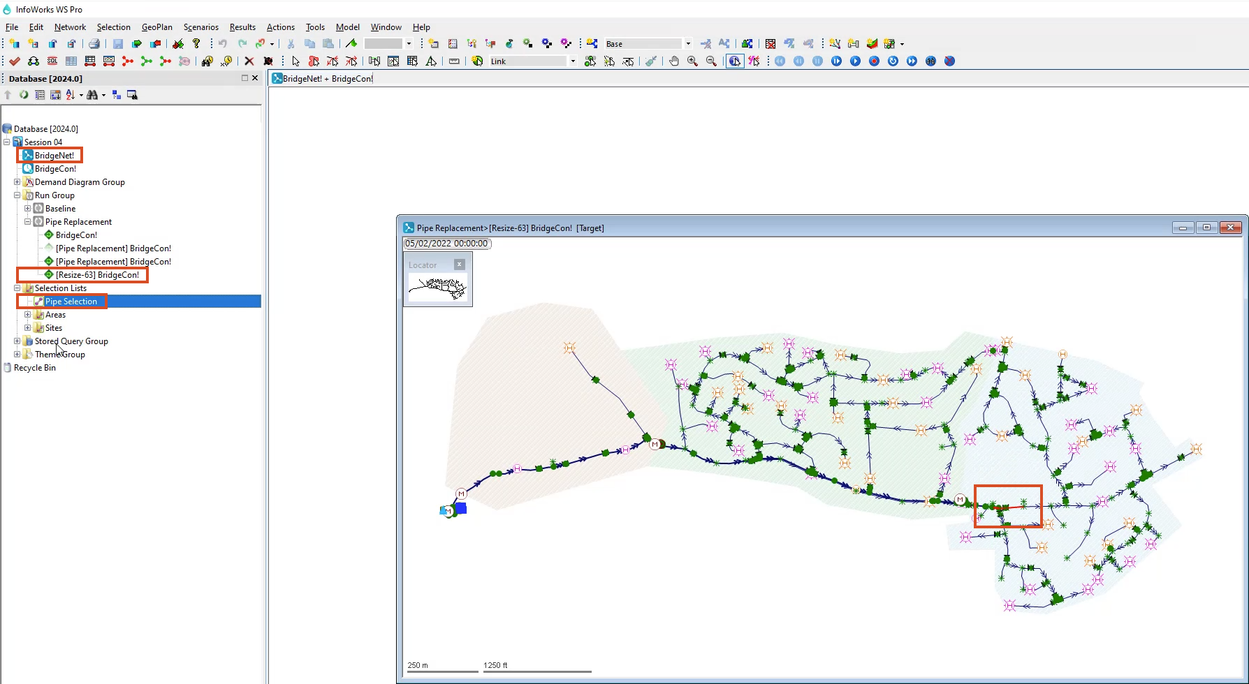 In the InfoWater WS Pro interface, the Model Group window with the network, a run, and a selection list highlighted in red; and in the GeoPlan, three pipes highlighted in red.