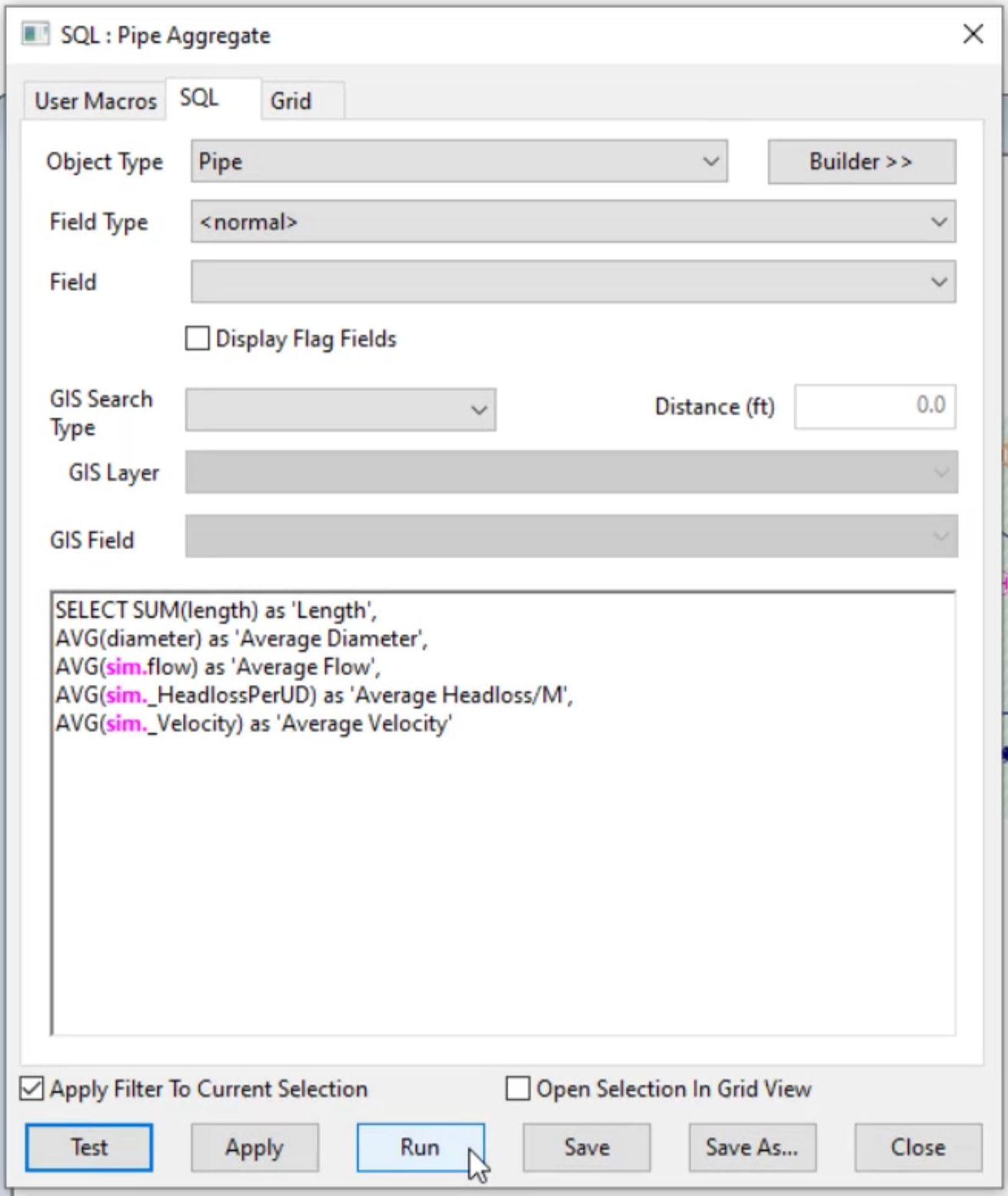 The SQL: Pipe Aggregate dialog box with a list of formulas that will calculate details, such as average diameter and flow, for the pipes selected in the GeoPlan.