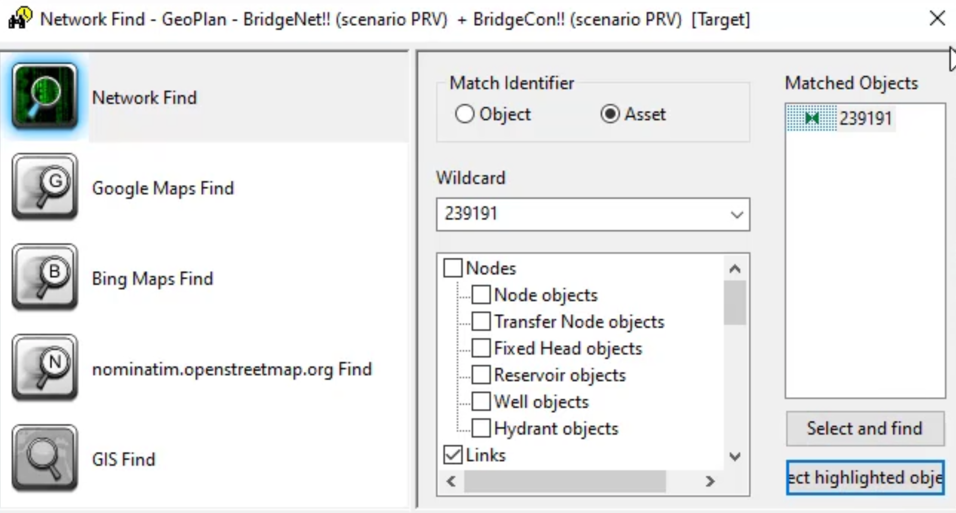 In the Network Find dialog box, Asset selected under Match Identifier and other options configured, with Select and find selected.