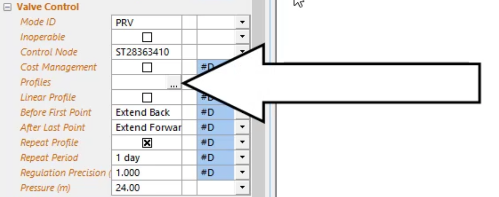 The Properties window, Valve Control section, with the Mode ID updated to PRV, and in the Profiles row, the More command called out.