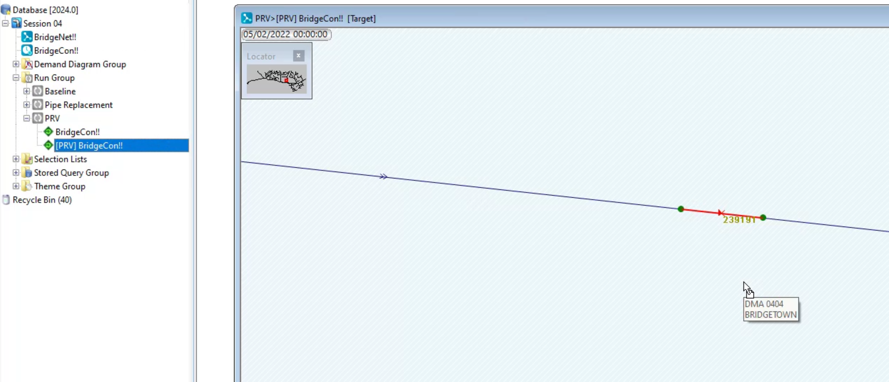 The Model Group window with the PRV run group expanded, and the GeoPlan with [PRV] BridgeCon open.