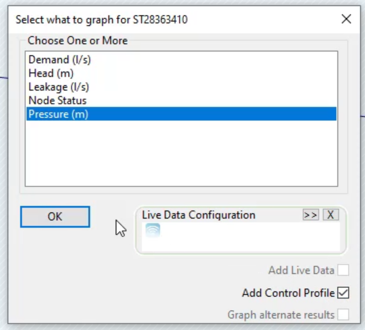 The Select what to graph dialog box with Pressure (m), Add Control Profile and OK selected.