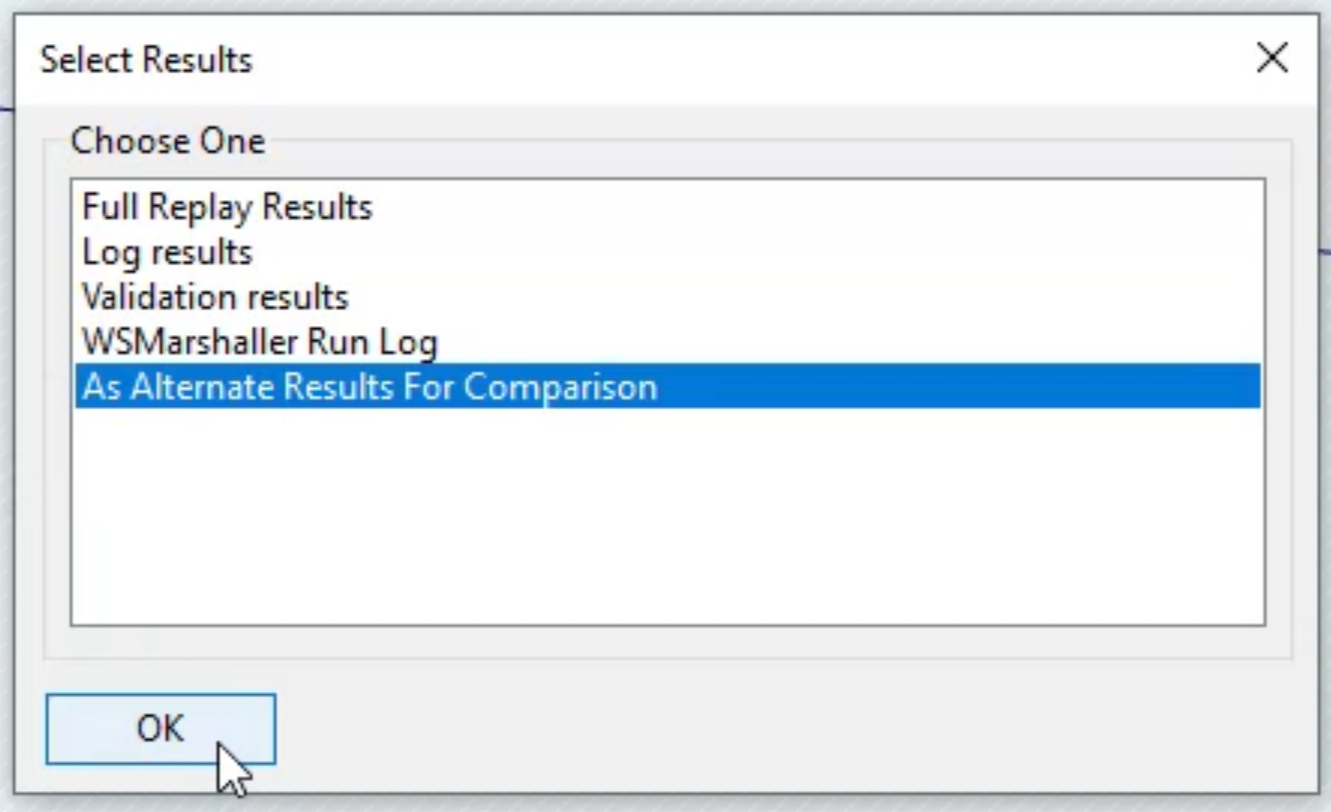 The Select Results dialog box with As Alternate Results for Comparison and OK selected.