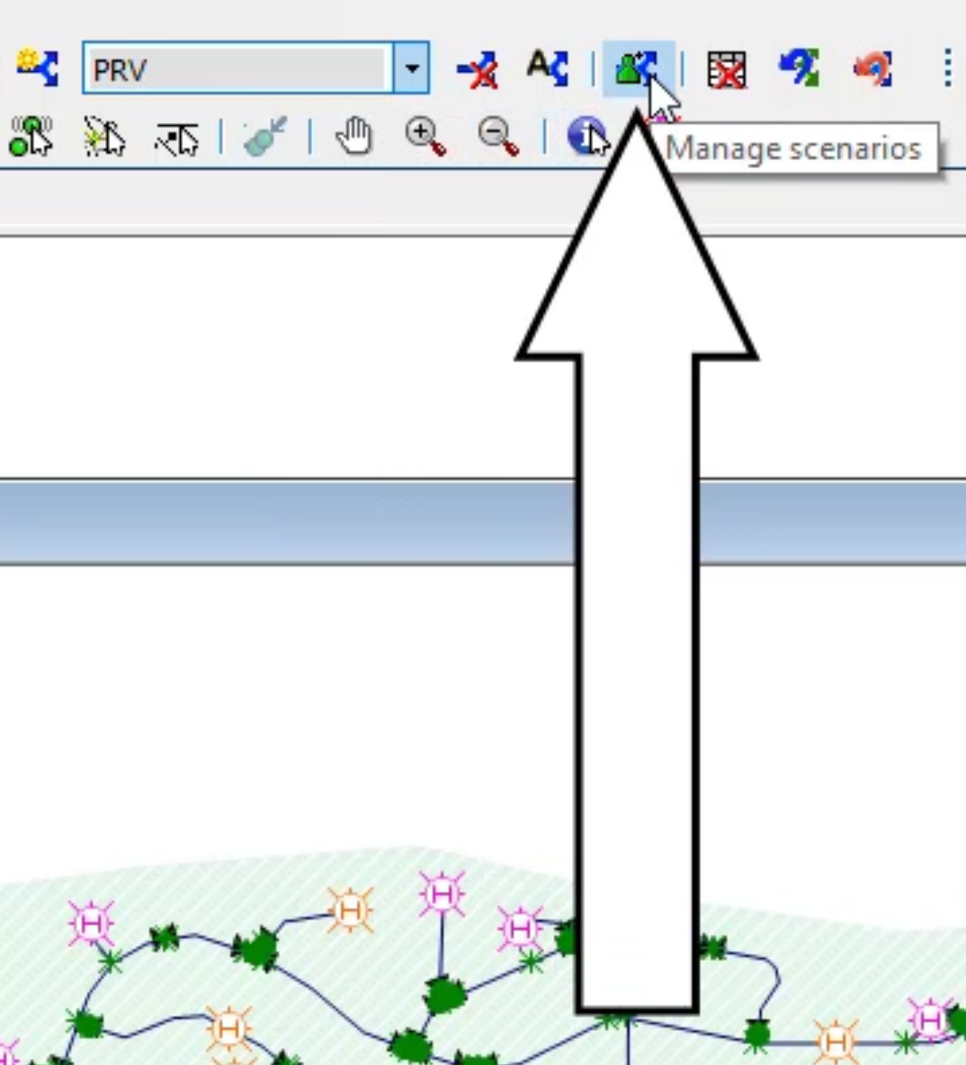 The InfoWorks WS Pro Scenarios toolbar with PRV in the Select scenario drop-down and the Manage scenarios command called out and selected.