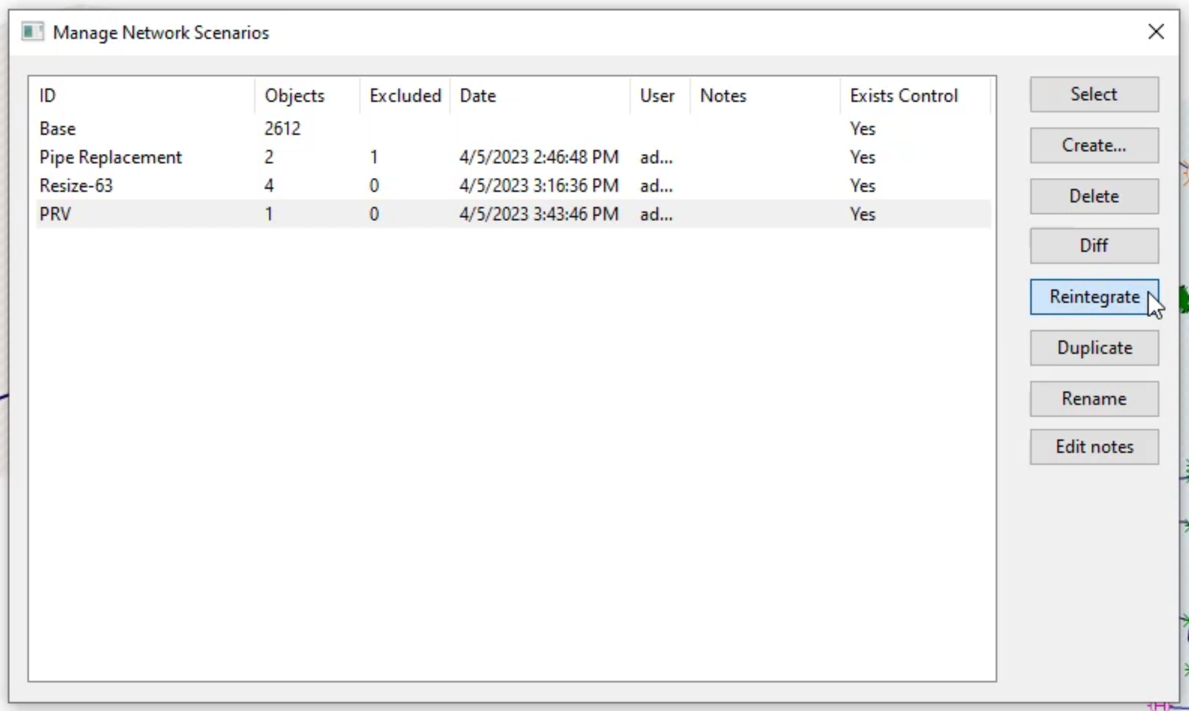 The Manage Network Scenarios dialog box with the PRV scenario selected and Reintegrate selected.