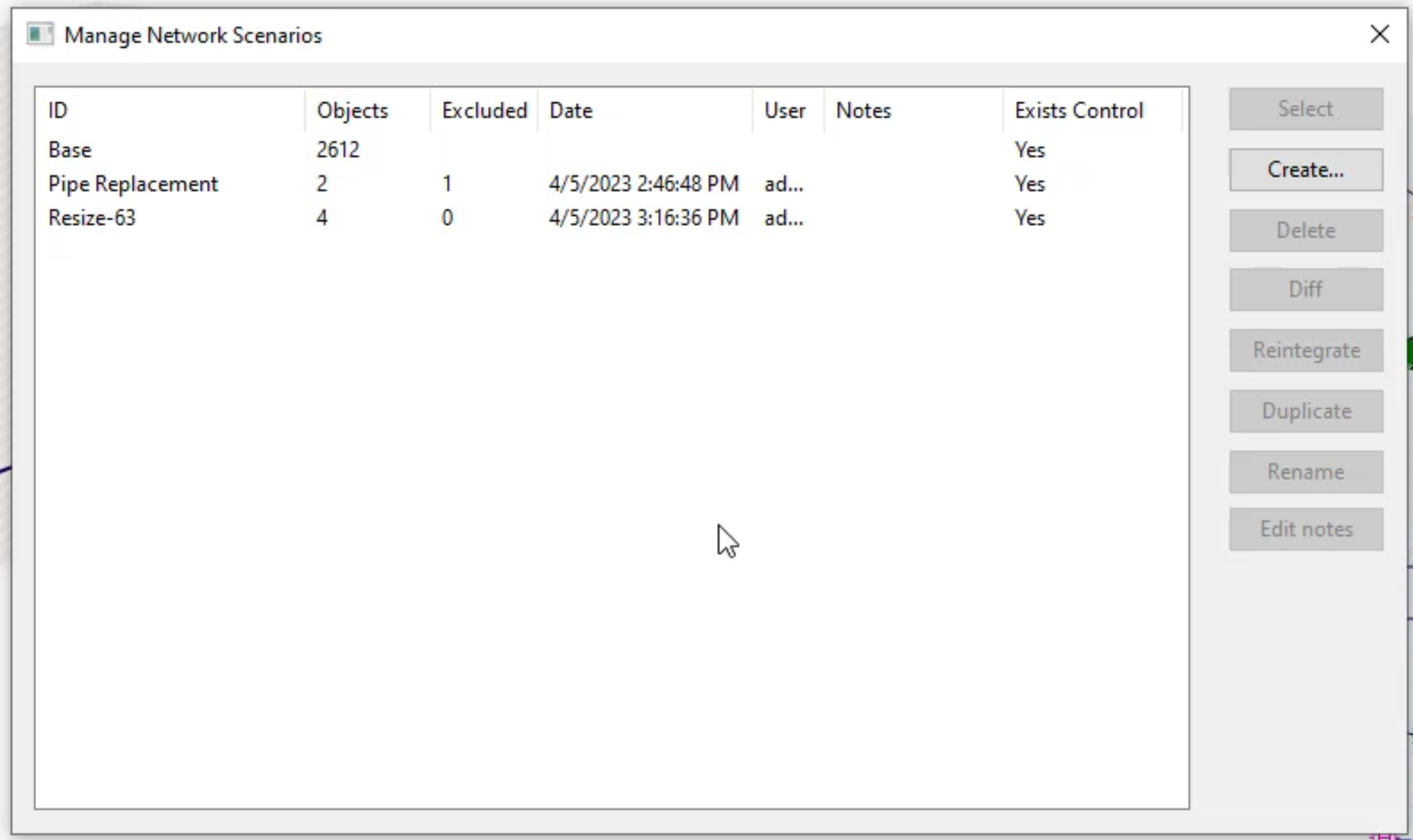 The updated Manage Network Scenarios dialog box following reintegration, with PRV no longer in the list.