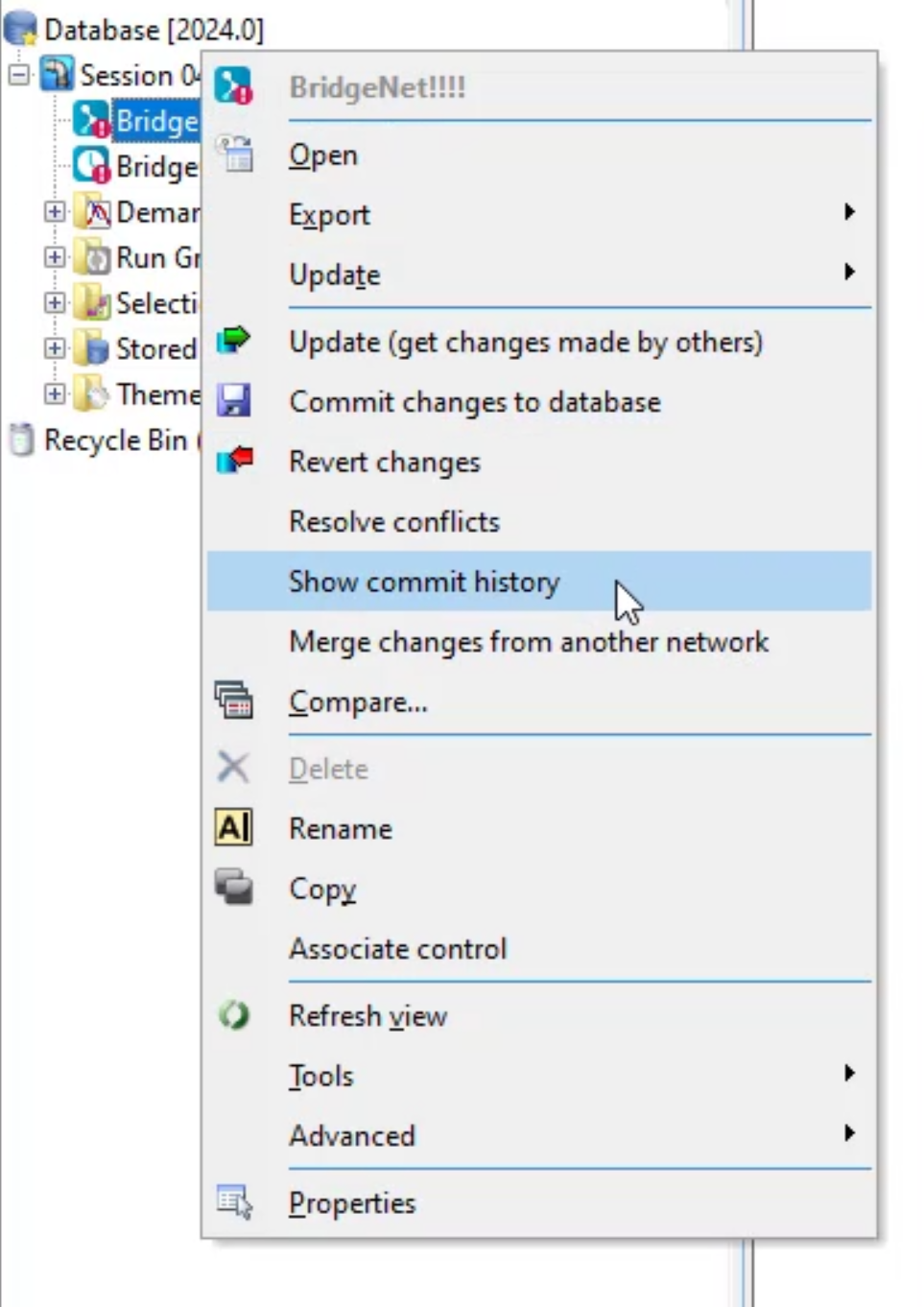 In the Model Group window, the network shortcut menu with Show commit history selected.