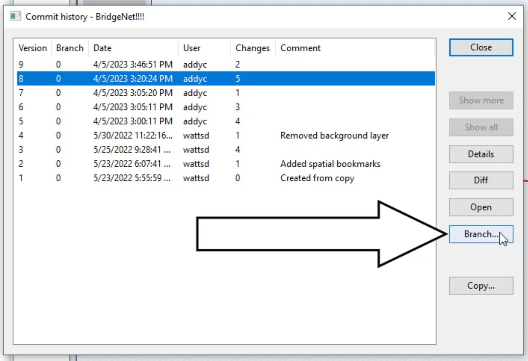 The Commit history dialog box with a previous version of the network selected, and with Branch called out and selected.