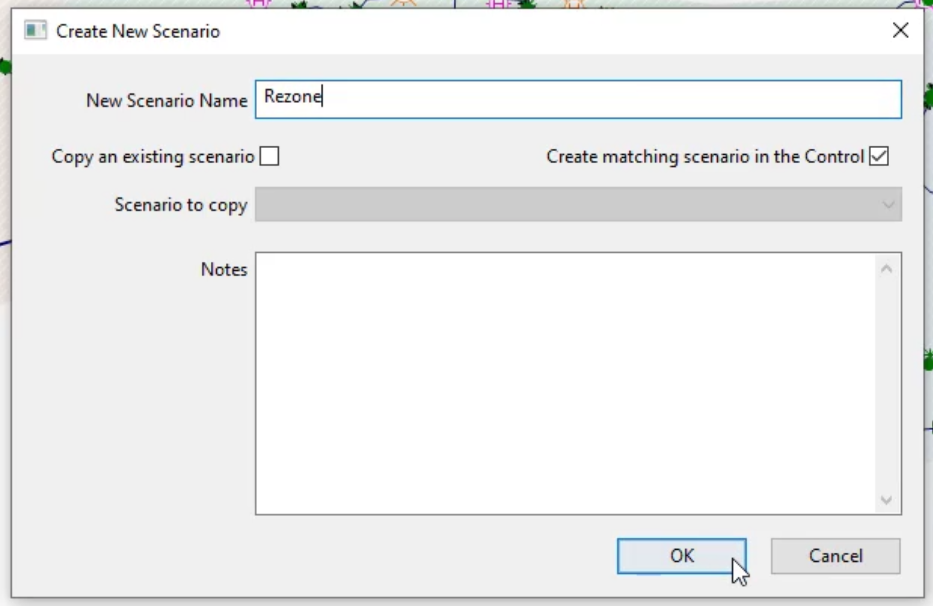 The Create New Scenario dialog box with the options configured.