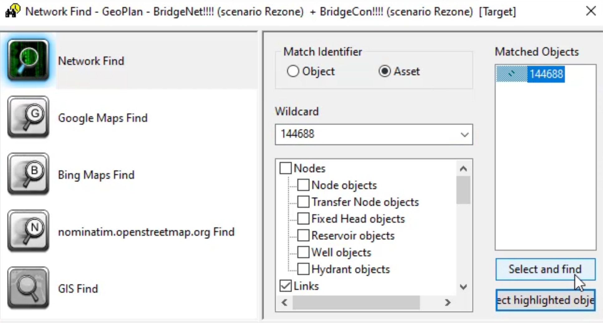 In the Network Find dialog box, options configured to find a pipe using its asset ID, and Select and find selected.