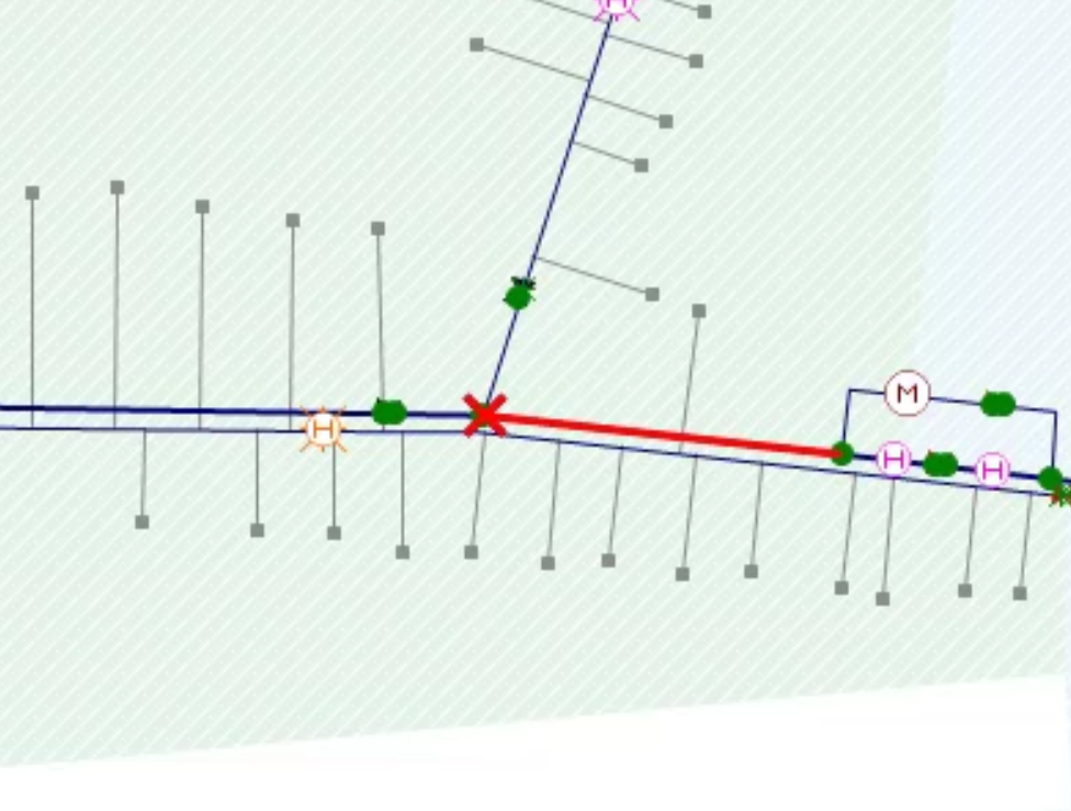 In the GeoPlan, the closed pipe highlighted in red and marked with a red “X”.