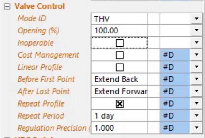 The Properties window for the selected valve, with the Opening (%) field set to “100”.