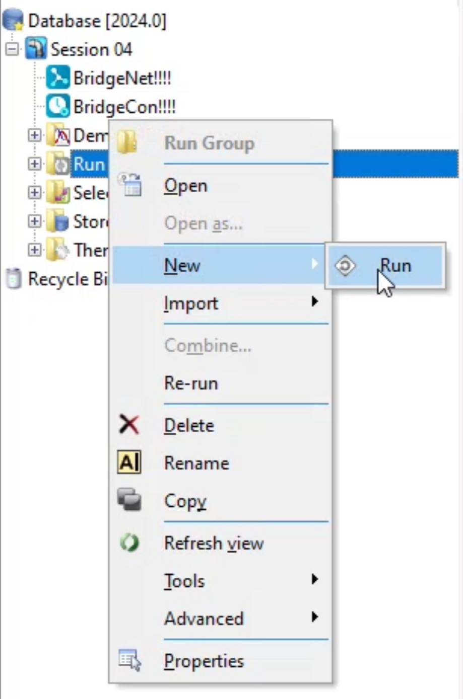 The Run Group shortcut menu.