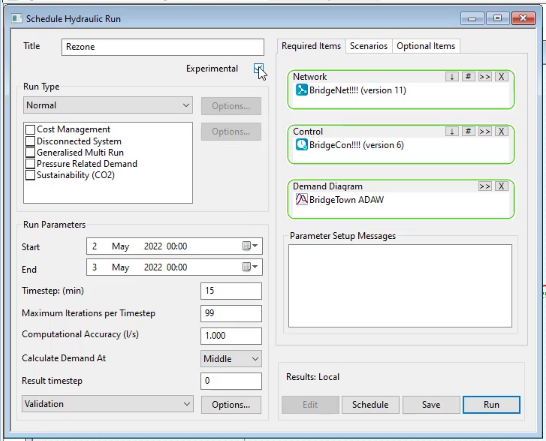 The Schedule Hydraulic Run dialog box with options configured for the Rezone run.