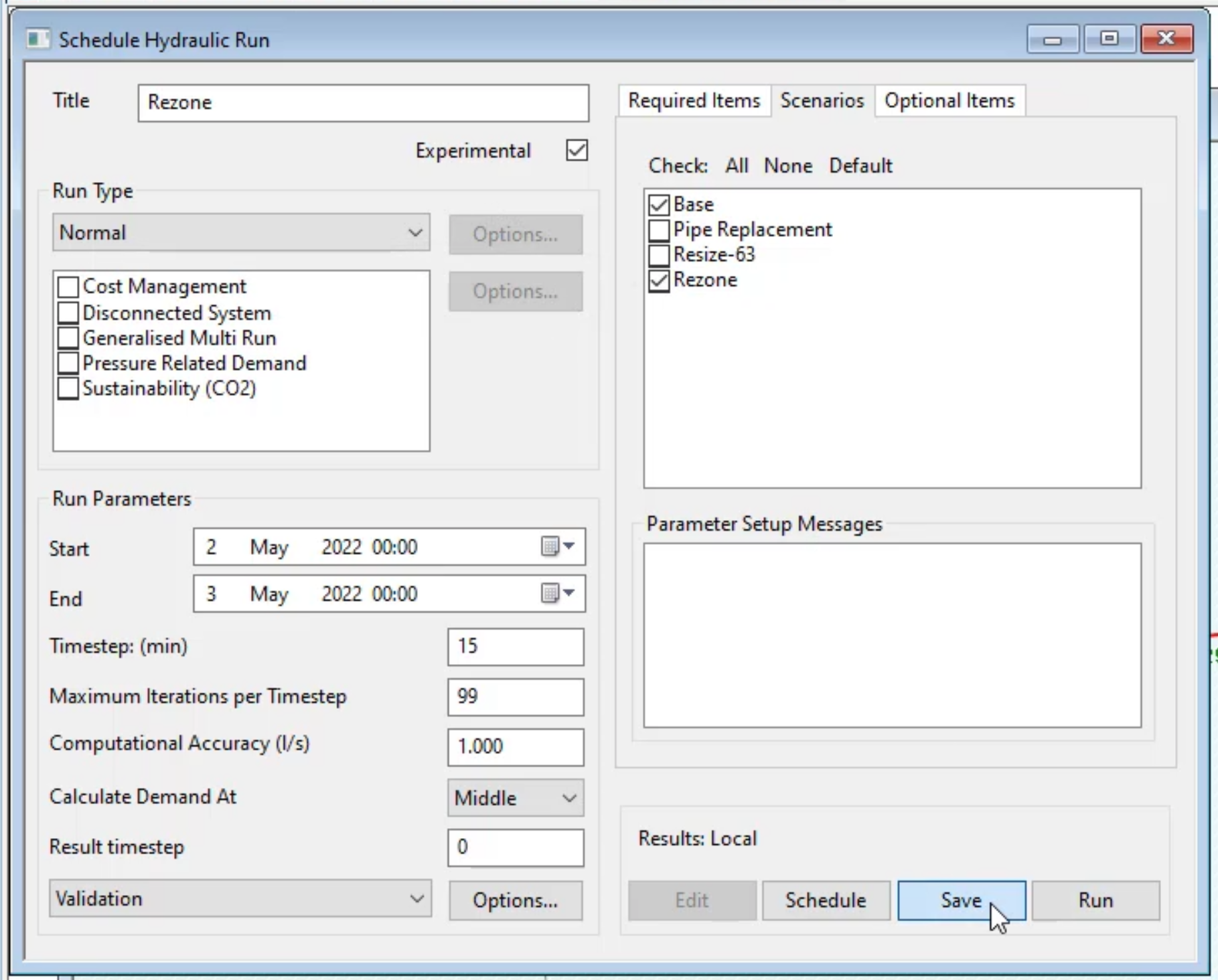 The Schedule Hydraulic Run dialog box, with Base and Rezone selected in the Scenarios tab and Save selected.