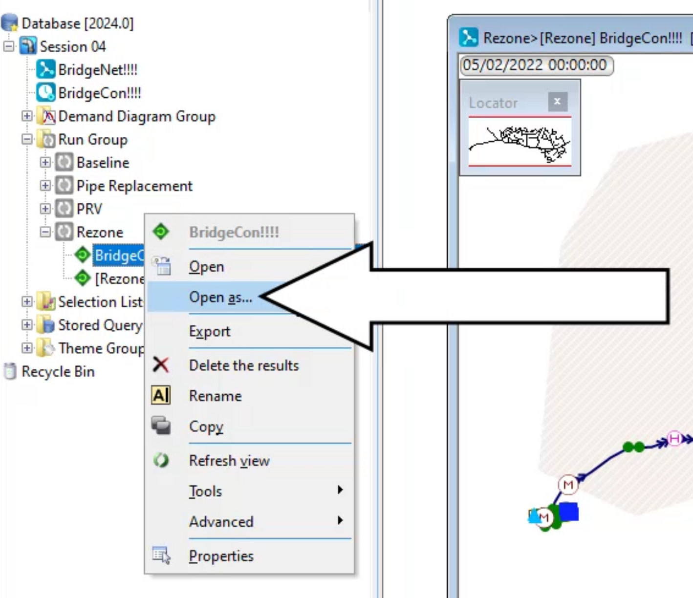 The Model Group window, Rezone Control shortcut menu with Open as selected and called out, and the GeoPlan with the Rezone run open.