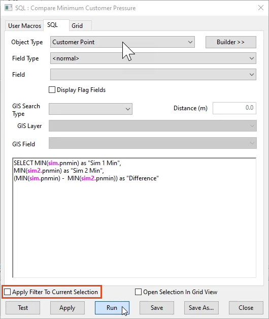 The SQL dialog box with Apply Filter To Current Selection deselected and Run selected.