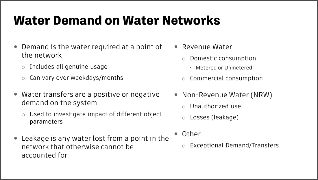 A presentation slide containing details about water demand on water networks.