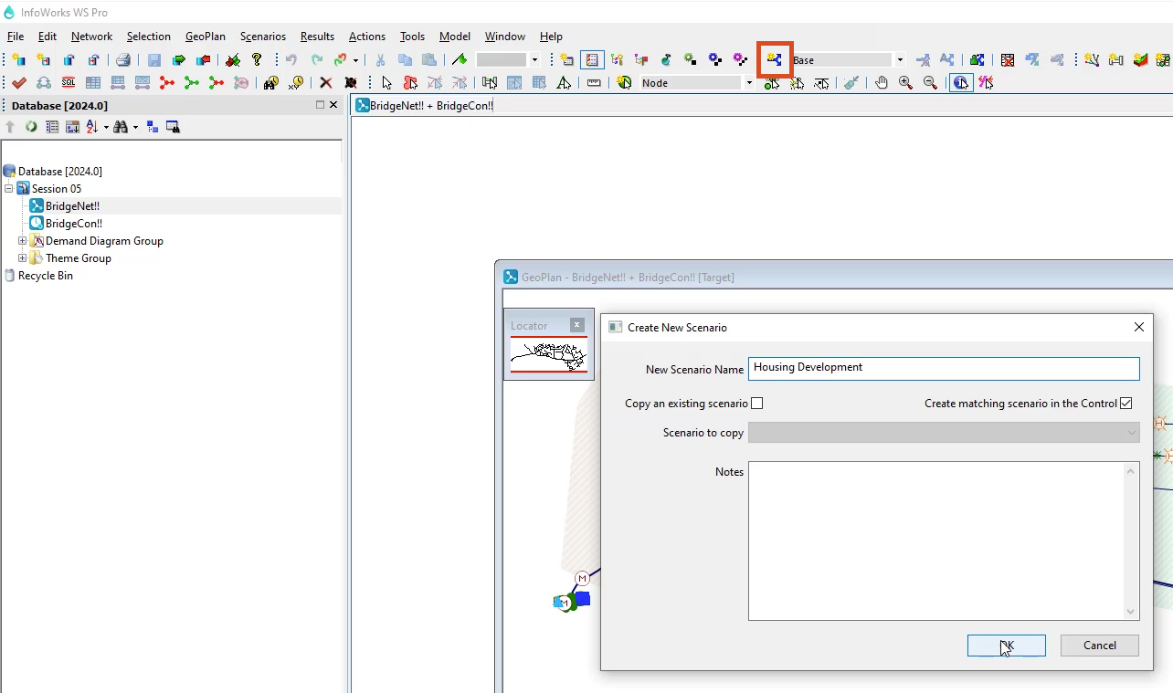 The InfoWorks WS Pro interface with the BridgeNet GeoPlan open; in the Scenarios toolbar, Create scenario selected; and in the Create New Scenario dialog box, OK selected.