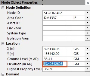 The Node Object Properties panel with the Elevation value from the existing node highlighted for copying.