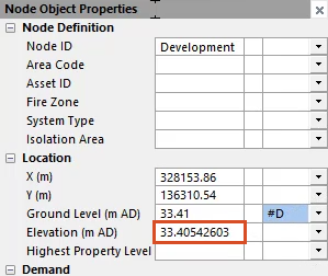 The Node Object Properties panel with the value from the existing node pasted into the Elevation field of the new node.