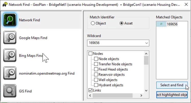 The Network Find dialog box, with Asset selected under Match Identifier, options configured and Select and find selected.