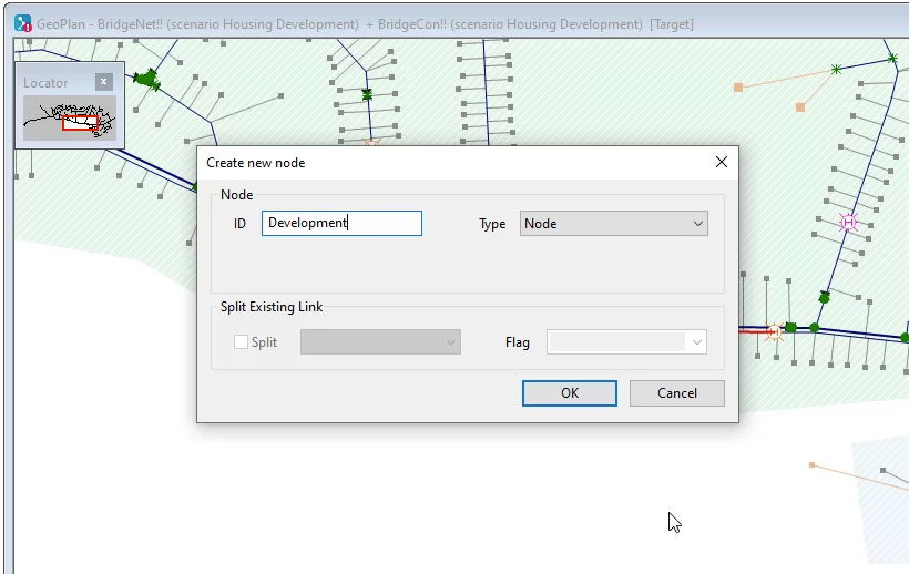 On the GeoPlan, the mouse pointer at the location of the new node, and in the Create new node dialog box, ID entered and OK selected.