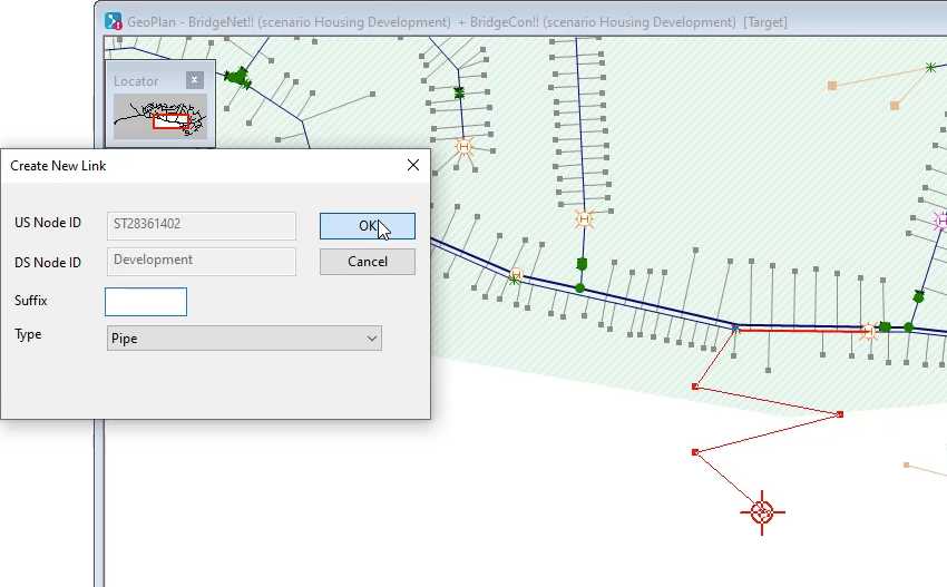 The GeoPlan with a zig-zag link drawn to connect the node of the existing pipe to the new one, and the Create New Link dialog box with OK selected.