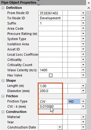 In the Pipe Object Properties pane, Shape section with values entered for length, diameter, and friction coefficient.