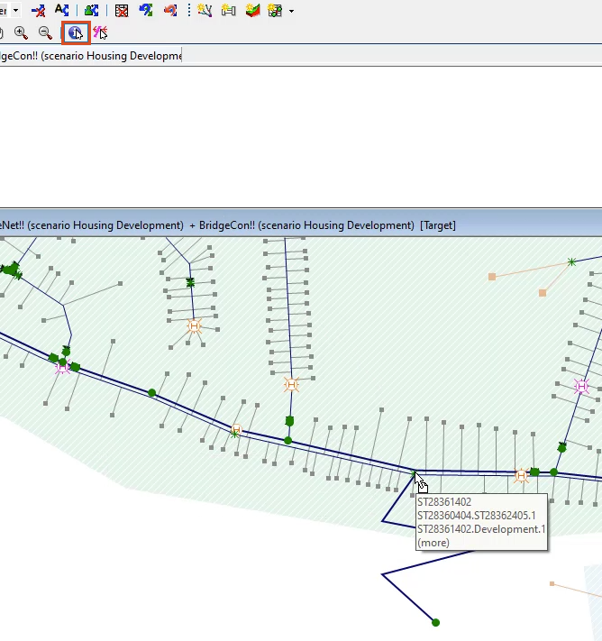 In the Tools toolbar, Properties selected, and in the GeoPlan, the existing node selected.