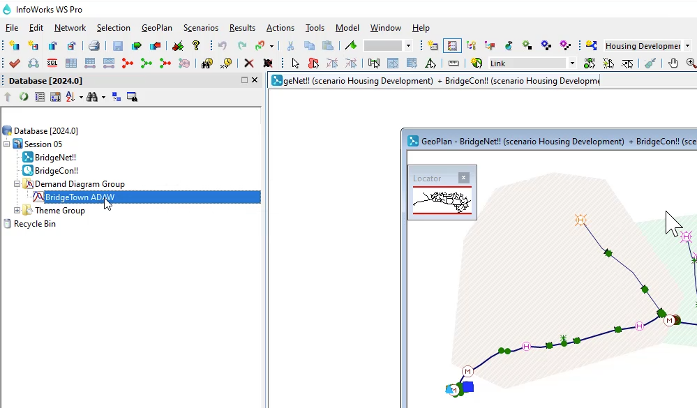 The InfoWorks WS Pro interface, Model Group window, with BridgeTown ADAW selected; and in the workspace, the network GeoPlan open to the Housing Development scenario.