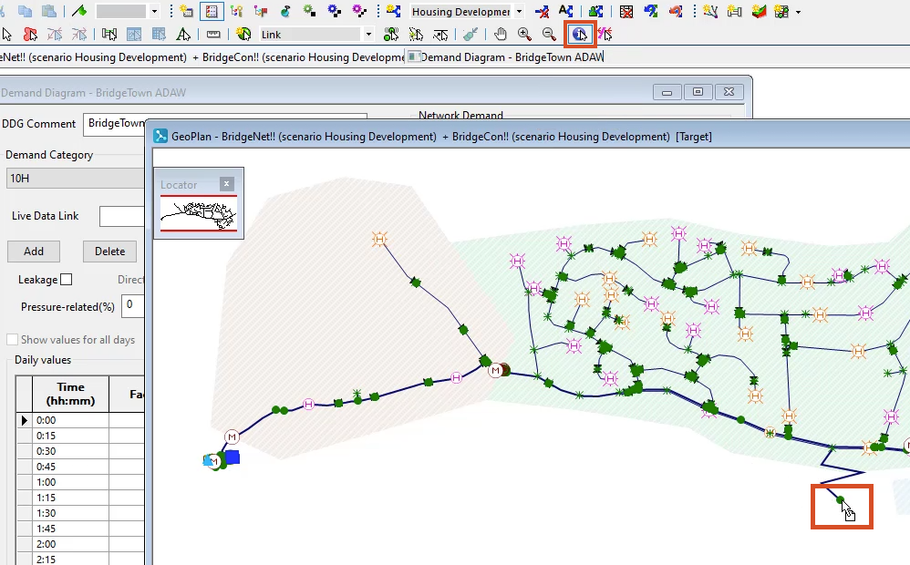 The Tools toolbar with Properties selected, and the GeoPlan with the new node selected, both highlighted in red.