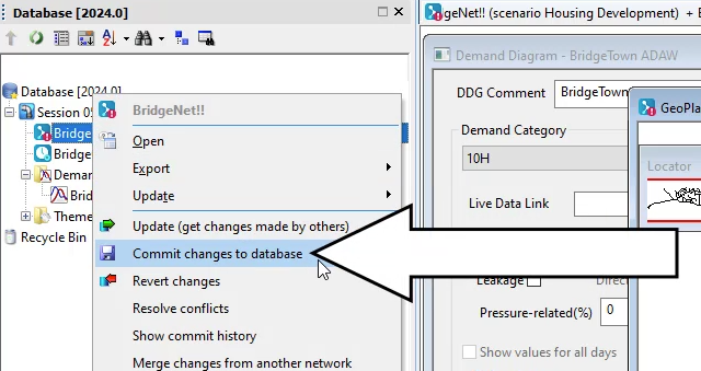 In the Model Group window, the BridgeNet shortcut menu with Commit changes to database selected.